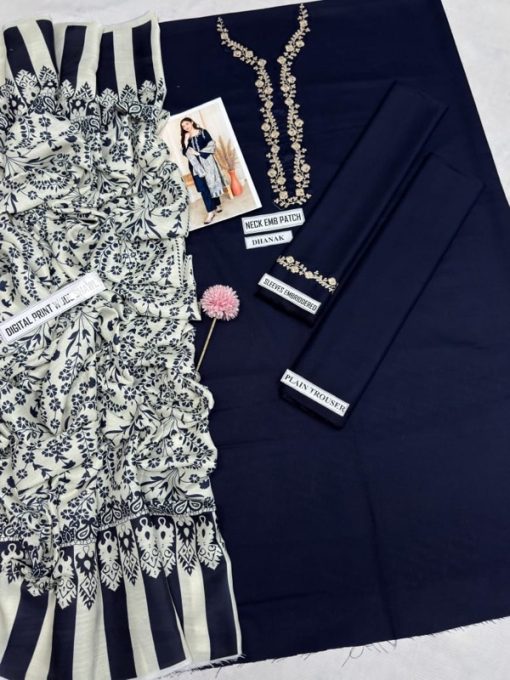 Aisling AS-593 is a luxurious 3-piece Dhanak embroidered winter suit featuring full heavy neck embroidery, intricately embroidered sleeves, plain trouser, and a digital print pashmina wool shawl. Perfect for festive and formal occasions, this elegant winter collection combines comfort and style.