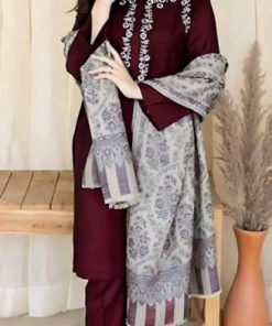 AISLING AS-595 Dhanak Embroidered Suit with Plain Trouser and Digital Print Wool Shawl