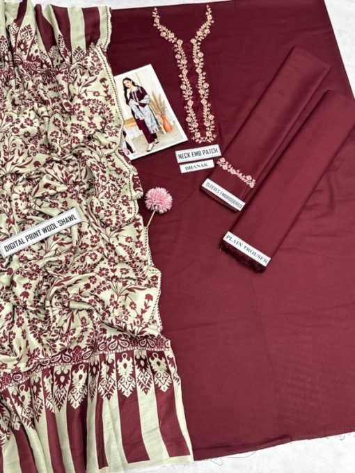 The AISLING AS-595 from the Dhanak Embroidered Winter Collection is a perfect mix of style, comfort, and elegance. Crafted with premium Dhanak fabric, this 3-piece suit includes a heavily embroidered shirt, a plain trouser, and a digitally printed pashmina wool shawl.