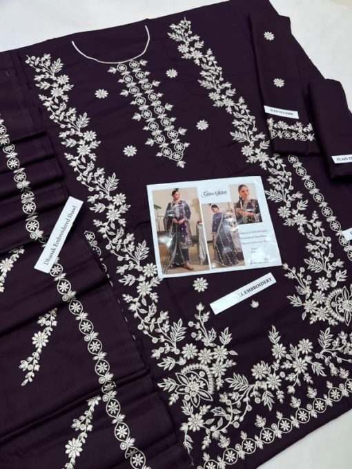 Cross Stitch is renowned for creating outfits that perfectly blend heritage embroidery with modern elegance. The Cross Stitch CS-617 | 3 Piece Dhanak Winter Suit with Full Embroidery Shawl is an embodiment of winter sophistication. With its premium dhanak fabric, heavy embroidery on the shirt, sleeves, and shawl, this suit is a true symbol of grace and luxury for the winter season.
