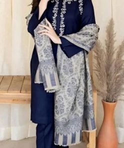 Aisling AS-623 premium dhanak embroidered winter suit with embroidered shirt, plain trouser, and digital printed pashmina wool shawl