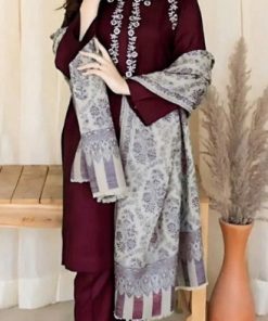 Aisling AS-622 premium dhanak embroidered winter suit with plain trouser and digital printed pashmina wool shawl