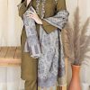 Aisling AS-620 premium dhanak winter suit with embroidered neck patch, embroidered sleeves, plain trouser, and digital printed pashmina wool shawl