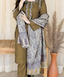Aisling AS-620 premium dhanak winter suit with embroidered neck patch, embroidered sleeves, plain trouser, and digital printed pashmina wool shawl