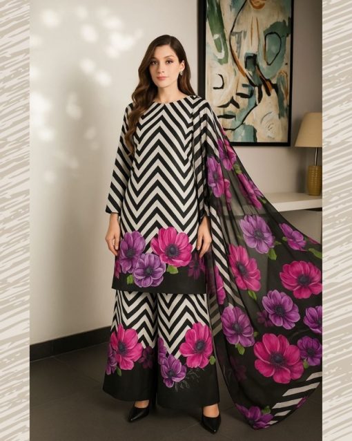 Nishat NT-975 Silk 3 Piece Suit Tie & Die Digital Printed Shamooz Silk