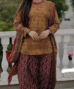 Pakistani ladies winter luxe collection suit with digital print and plain trouser  