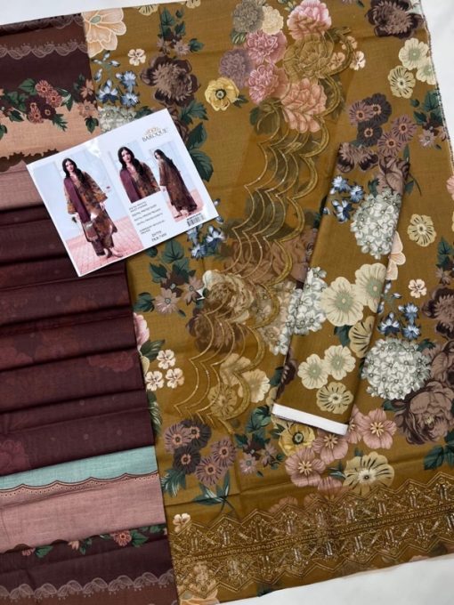 The Baroque BR-627 3 Piece Winter Khaddar Embroidered Suit is a fashion essential for this season. With its luxury digital prints, embroidered patches, and durable slub khaddar fabric, it balances elegance and comfort effortlessly. Whether you’re attending a formal dinner or enjoying a casual winter day, this outfit guarantees style with warmth.
