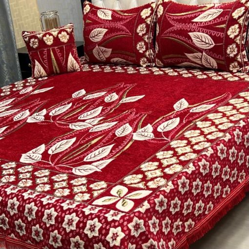 Luxury Jacquard Velvet King Size Bed Sheet Design 47 with matching pillow and cushion covers