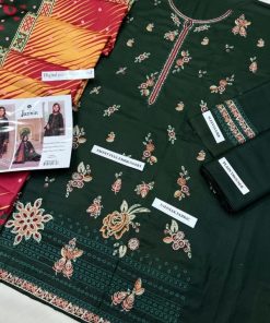 The Jazmin JZ-641 features Premium Dhanak — a fabric renowned for its soft texture, fine weave, and cozy feel during winter. This 3-piece unstitched suit includes a heavily embroidered Dhanak front, embroidered sleeves, and a dyed Dhanak back, providing the perfect balance between simplicity and opulence.