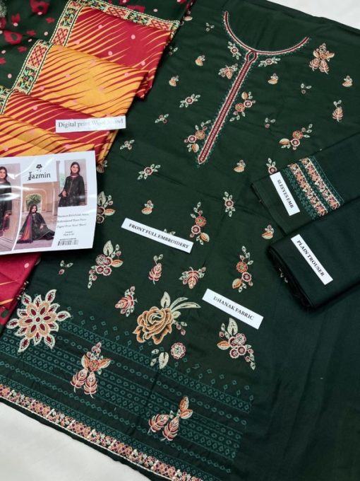 The Jazmin JZ-641 features Premium Dhanak — a fabric renowned for its soft texture, fine weave, and cozy feel during winter. This 3-piece unstitched suit includes a heavily embroidered Dhanak front, embroidered sleeves, and a dyed Dhanak back, providing the perfect balance between simplicity and opulence.