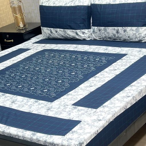 King Size Embroidered Patch Work Patchwork Bedsheet Set with Matching Pillow Covers