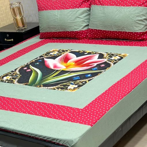 King Size 3D Panel HD Printed Digital Cotton Bedsheet with Pillow Covers