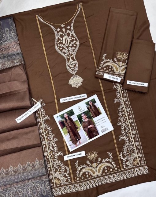 Experience the luxury of winter fashion with the Sapphire SP-642 3 Piece Unstitched Dhanak Suit — a perfect blend of comfort, style, and sophistication. Crafted with premium Dhanak fabric, this stunning ensemble is designed to keep you warm and graceful during the cold months. The outfit features exquisite heavy embroidery and a digital wool shawl, making it an ideal choice for both casual winter days and festive gatherings.