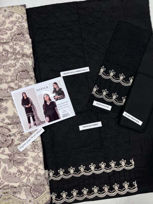 MARIAB MB-643 | 3 PIECE UNSTITCHED DHANAK WINTER SUIT Luxury & Warmth Combined – Maria.B Premium Dhanak Winter Collection Step into the world of timeless elegance with the Maria.B MB-643 3 Piece Unstitched Dhanak Winter Suit, crafted for women who love sophistication, style, and comfort. This exquisite winter suit is made from premium Dhanak fabric, ensuring warmth and softness throughout the chilly season. The detailed heavy embroidery on the shirt and sleeves, along with a digital wool shawl, makes this outfit a complete statement of luxury and grace. Maria.B’s winter collection has always set high standards in Pakistani fashion. The MB-643 design continues that legacy, blending traditional embroidery with modern digital art to give you an outfit that’s both trendy and timeless.