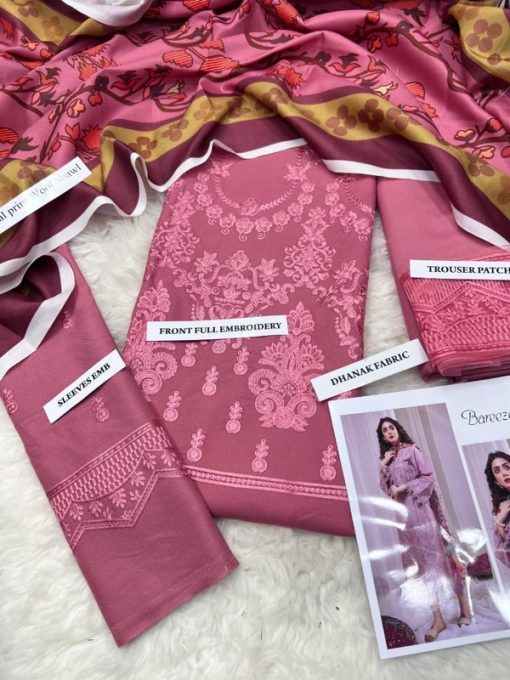 For the best look, pair your BAREEZE BR-644 Dhanak Suit with classic khussa shoes or block heels and a matching embroidered clutch. Add light gold or silver jewelry to enhance the embroidery’s glow, and let your wool shawl drape effortlessly over your shoulders for that sophisticated Bareeze charm.