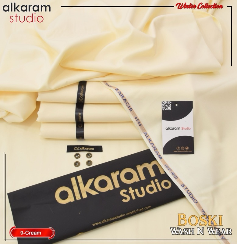 Al-Karam Men’s Unstitched Cream Wash & Wear Fabric for Men in Pakistan