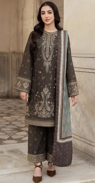 Jazmin JZ-650 3 Piece Dhanak Winter Suit with Digital Wool Shawl – Premium heavy embroidery and elegant shawl