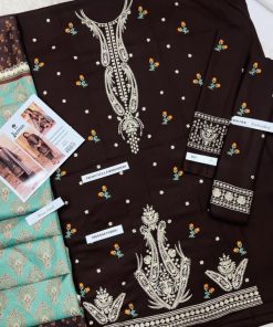 This 3-piece ensemble features full heavy embroidery on the Dhanak shirt front and sleeves, a beautifully dyed back, and a digitally printed wool shawl, making it both luxurious and practical for the colder months.