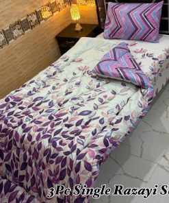 Stylish Single Size Vicky Razai Set featuring warm 500 GSM quilt, soft mix cotton bedsheet, and pillow cover with printed designs.