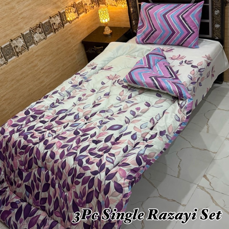 Stylish Single Size Vicky Razai Set featuring warm 500 GSM quilt, soft mix cotton bedsheet, and pillow cover with printed designs.
