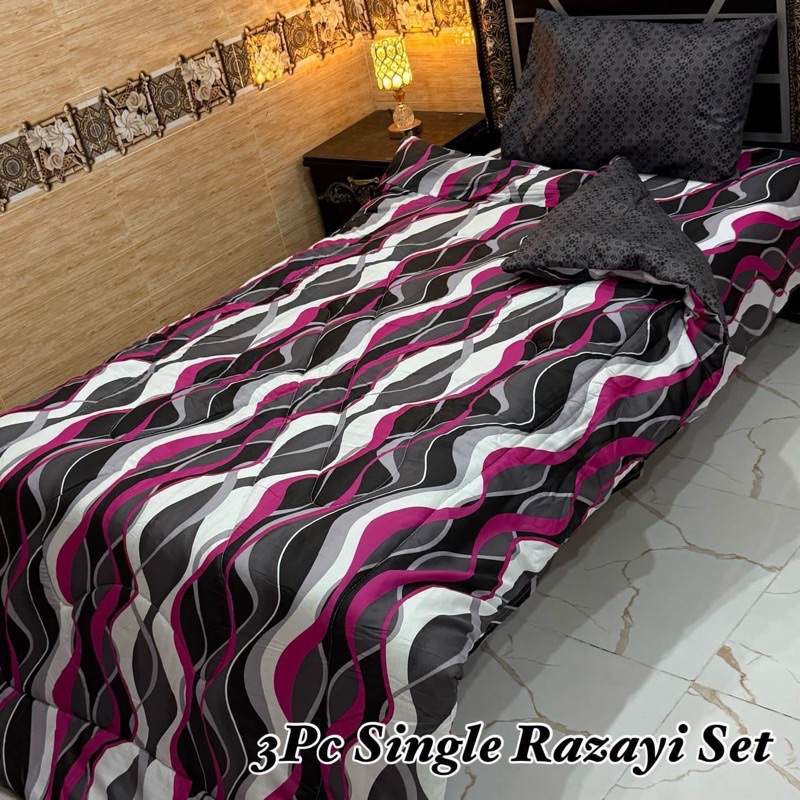 Bright and vibrant Single Size 3 Pcs Vicky Razai Set with cozy quilt, mix cotton bedsheet, and colorful pillow cover for single bed.