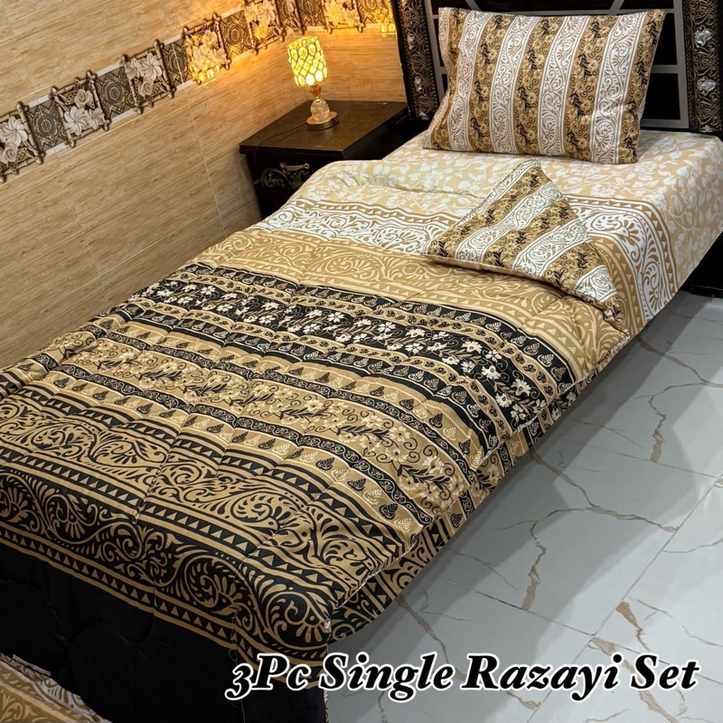 Single Size Printed 3 Pcs Vicky Razai Set with soft mix cotton quilt, bedsheet, and pillow cover in colorful prints for single bed.