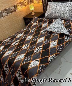 Premium Single Size Printed 3 Pcs Vicky Razai Set featuring lightweight 500 GSM quilt, matching bedsheet, and pillow cover in stylish prints.