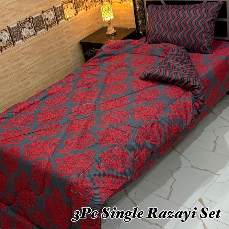 Comfortable Single Bed Printed Razai Set with 3 pieces: soft quilt, matching cotton bedsheet, and pillow cover for everyday use.