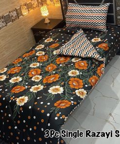 Elegant and warm Single Size Printed Razai Set with 3-piece bedding including mix cotton quilt, bedsheet, and pillow cover.