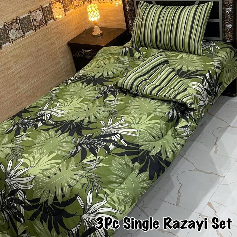 Stylish Single Size Printed Razai Set featuring mix cotton fabric, warm quilt, matching bedsheet, and pillow cover for everyday comfort.