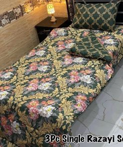 Affordable Single Bed 3 Pcs Razai Set featuring cozy 500 GSM quilt, soft cotton bedsheet, and printed pillow cover for daily use.