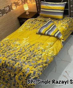 Bright and cozy Single Bed 3 Pcs Razai Set with printed quilt, mix cotton bedsheet, and matching pillow cover for stylish décor.