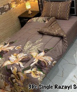 Affordable and colorful Single Bed 3 Pcs Vicky Razai Set with warm quilt, soft mix cotton bedsheet, and matching pillow cover.