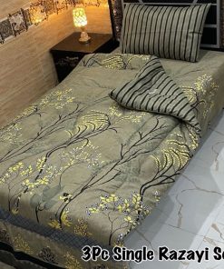 Elegant Single Size Printed Razai Set with 3 pieces including cozy quilt, soft cotton bedsheet, and vibrant pillow cover.