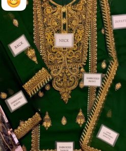 Asim Jofa AJ-615 is a luxury 3 piece unstitched suit featuring fully heavy embroidered spengle work chiffon shirt, sleeves, and dupatta with four-side borders, paired with a dyed satin trouser—perfect for weddings and festive wear.