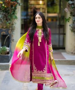 Omal OM-657 Dhanak embroidered 3 piece winter suit with tie and dye digital shawl