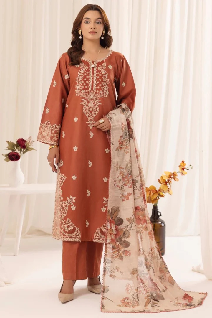 Mohagni IA-23 luxury airjet lawn heavy embroidered 3 piece suit with digital print voile dobby dupatta