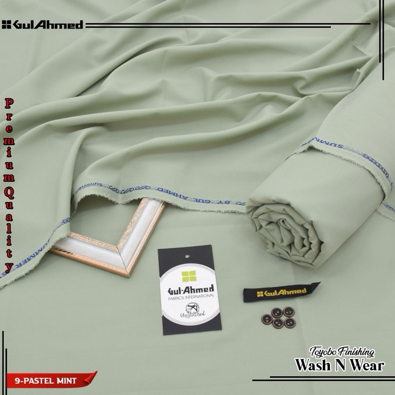 Gul Ahmed summer men unstitched pastel mint color wash and wear fabric
