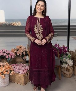 Azure 3 Piece Unstitched Embroidered Chiffon Suit with Malai Trouser AZ-617