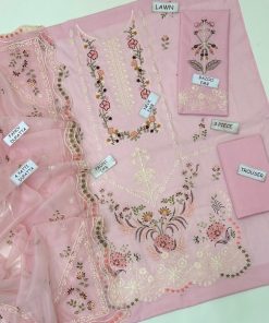 Aneelas IA-45 Luxury Lawn Collection 3 piece unstitched suit with heavy embroidered neck, embroidered sleeves and border, trouser patch, and cotton net heavy embroidered dupatta with four-side lace patti.
