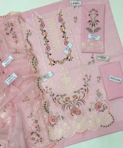 This 3 piece unstitched lawn suit is designed using high-quality Lawn 90/88 fabric, making it perfect for summer Eid celebrations. With a heavily embroidered neckline, embroidered sleeves, detailed border, and a luxury cotton net dupatta with 4-side lace patti applique work, this suit delivers a rich festive look without feeling heavy or uncomfortable.