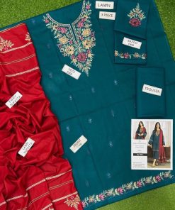 Made from premium Lawn 90/88 fabric, this suit features a heavy embroidered front, heavily embroidered neckline, embroidered sleeves and border, paired with a lawn embroidered dupatta and matching lawn trouser. The plain back keeps the design balanced, making it ideal for women who prefer a refined and classy Eid look rather than an overly heavy outfit