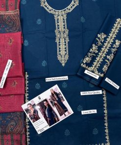 This 03 piece unstitched suit features a delicately embroidered lawn shirt, embroidered sleeves, a dyed lawn back and trouser, and a digital print voile dobby dupatta that adds a modern and refreshing touch to the overall look.