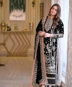Aneelas AN-631 black luxury embroidered chiffon wedding suit with silk trouser