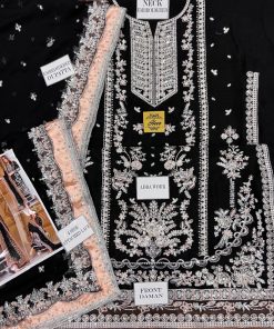 The Aneelas AN-631 Luxury Embroidered Chiffon Wedding Collection is a breathtaking statement of royal elegance and couture-level craftsmanship, designed especially for women who want a bold, luxurious black outfit for weddings and grand festive occasions. This design reflects Aneela’s premium wedding aesthetic, combining heavy sequence embroidery, intricate add work, and traditional Indian lace detailing.