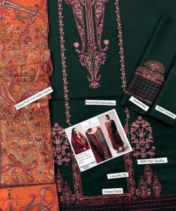 Crafted with premium lawn fabric, the shirt features a heavy embroidered front, fully heavy embroidered sleeves, and a dyed lawn back for comfort and balance. The look is completed with a digital print voile dobby dupatta, adding a contemporary edge and graceful movement to the outfit.