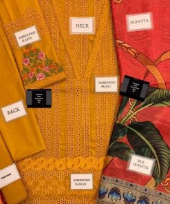 Crafted with premium soft cotton fabric, this suit features a chikankari embroidered front, a beautifully detailed embroidered gala lace, and a heavy embroidered border patch that adds depth and richness. Paired with a silk digital printed dupatta and a soft cotton dyed trouser, MB-629 delivers a balanced look of luxury, comfort, and timeless style.