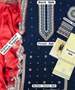 embroidery on the neck, front, sleeves, border patch, and trouser to a digitally printed Monark dupatta, every detail of this suit speaks of luxury. Crafted with Lawn 90/88 fabric, this outfit is ideal for Pakistani summers, ensuring comfort while maintaining a high-end designer look.