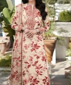 Aneelas IA-27 Skin Red 9mm luxury lawn chiffon 3 piece suit with embroidered neckline and chiffon dupatta