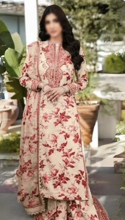 Aneelas IA-27 Skin Red 9mm luxury lawn chiffon 3 piece suit with embroidered neckline and chiffon dupatta